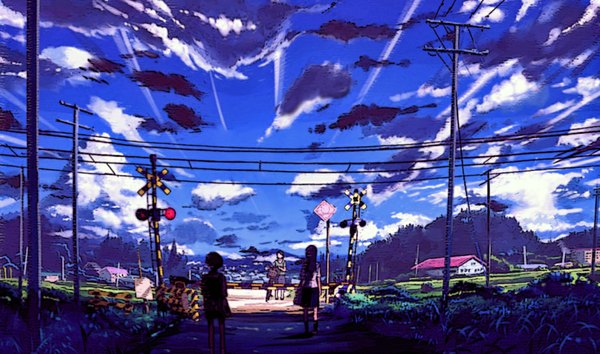 Anime picture 1166x688 with original inumaru (sougen no marogoya) wide image multiple girls sky cloud (clouds) girl uniform plant (plants) school uniform 3 girls ground vehicle house power lines traffic sign bicycle traffic lights railways