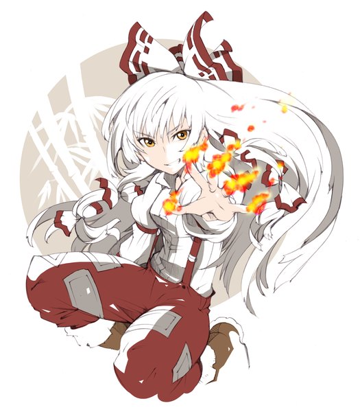 Anime picture 1200x1370 with touhou fujiwara no mokou ichizen (o tori) single long hair tall image looking at viewer simple background smile white background yellow eyes white hair magic girl bow hair bow suspenders flame overalls