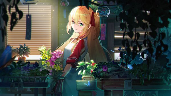 Anime picture 6209x3483 with azur lane admiral hipper (azur lane) doitsu no kagaku single long hair looking at viewer blush fringe highres blonde hair smile hair between eyes wide image standing holding green eyes payot absurdres indoors sunlight