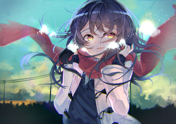 Anime picture 1000x707 with original kinokoko-kino single long hair fringe open mouth black hair smile red eyes yellow eyes looking away cloud (clouds) upper body long sleeves wind open clothes wide sleeves evening exhalation multicolored eyes