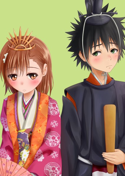 Anime picture 848x1200 with to aru kagaku no railgun to aru majutsu no index j.c. staff misaka mikoto kamijou touma konkito tall image blush fringe short hair brown hair brown eyes green eyes traditional clothes japanese clothes embarrassed couple spiked hair wedding seigaiha