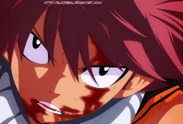 Anime picture 2000x1362 with fairy tail natsu dragneel advance996 single highres short hair open mouth pink hair black eyes coloring close-up face boy scarf blood