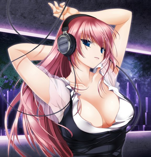 Anime-Bild 1024x1067 mit vocaloid megurine luka funiki kumi long hair tall image breasts blue eyes light erotic pink hair girl headphones