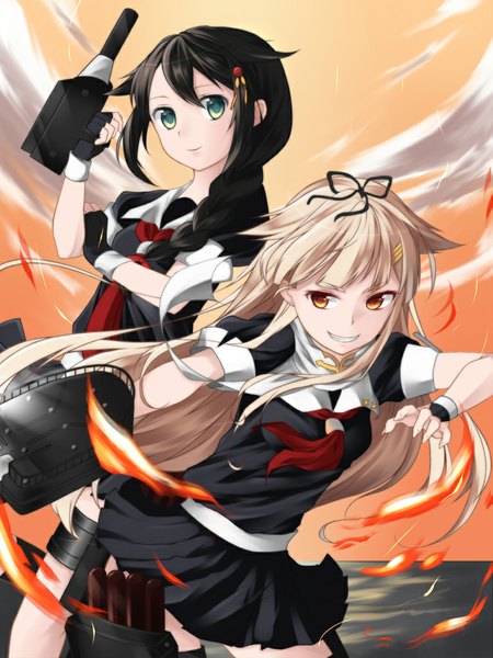 Anime picture 768x1024 with kantai collection shigure destroyer yuudachi destroyer makina00 long hair tall image looking at viewer black hair blonde hair smile multiple girls brown eyes green eyes looking away cloud (clouds) braid (braids) single braid remodel (kantai collection) girl skirt