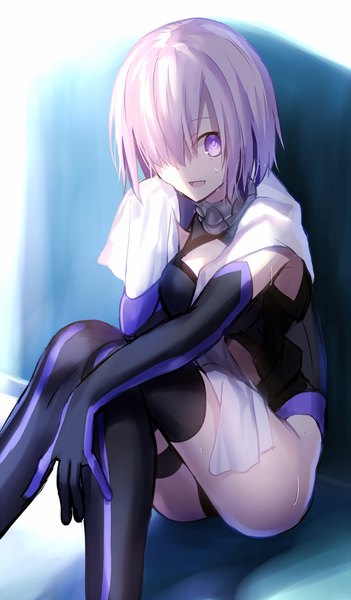 Anime picture 700x1196 with fate (series) fate/grand order mash kyrielight mashima saki (mashimasa) single tall image looking at viewer fringe short hair breasts open mouth light erotic sitting purple eyes pink hair bent knee (knees) hair over one eye sweat towel around neck girl