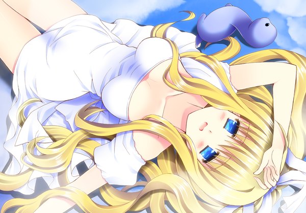 Anime picture 2000x1392 with air key (studio) kamio misuzu ringo sui single long hair looking at viewer blush highres blue eyes blonde hair girl sundress