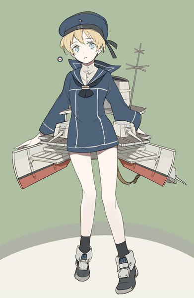 Anime picture 750x1150 with kantai collection z1 destroyer (leberecht maass) lowe (slow) single tall image looking at viewer short hair blonde hair aqua hair girl dress weapon socks shoes gun black socks short dress sailor suit