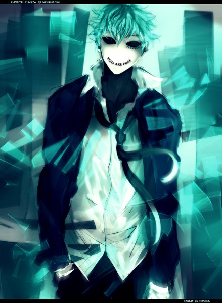 Anime picture 3000x4100 with fisheye placebo nimzea single tall image fringe highres short hair standing aqua hair hand in pocket shirt necktie pants mask suit