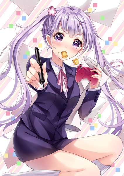 Anime picture 1074x1519 with new game! doga kobo suzukaze aoba sakura hiyori single long hair tall image looking at viewer blush purple eyes twintails holding purple hair mouth hold girl socks white socks