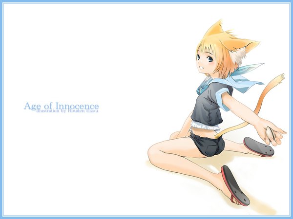 Anime picture 1024x768 with original houden eizou looking at viewer blush short hair blue eyes simple background blonde hair white background sitting animal ears tail wind wallpaper framed girl shorts