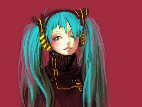 Anime picture 1200x900 with vocaloid hatsune miku yurinko (artist) single long hair blush fringe twintails green eyes one eye closed wink aqua hair red background girl headphones sweater