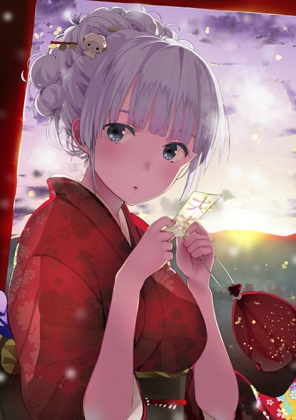 Anime picture 707x1000 with original hareno chiame (artist) single long hair tall image looking at viewer blush fringe blue eyes standing sky purple hair cloud (clouds) traditional clothes japanese clothes sunlight hair bun (hair buns) new year sunbeam sunrise