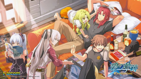 Anime picture 2560x1440 with eiyuu densetsu elie macdowell tio plato lloyd bannings randy orlando kea enami katsumi long hair highres short hair open mouth blue eyes blonde hair brown hair wide image multiple girls brown eyes yellow eyes silver hair white hair