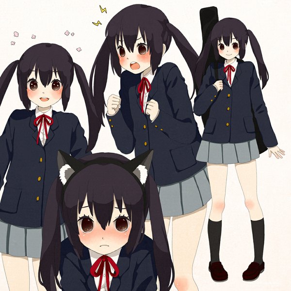 Anime picture 1000x1000 with k-on! kyoto animation nakano azusa mizutamako long hair looking at viewer blush open mouth black hair simple background smile white background twintails brown eyes animal ears cat ears multiple persona girl uniform school uniform