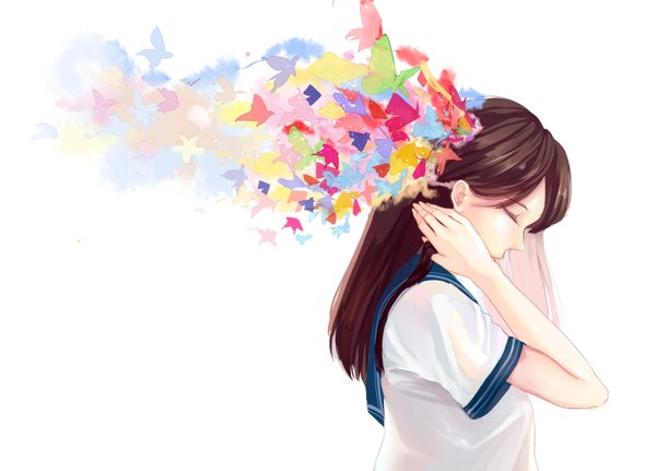 Anime picture 3200x2303 with original mimi tsukue (artist) single long hair highres brown hair white background absurdres eyes closed profile girl insect butterfly