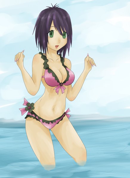Anime picture 2040x2807 with professor layton katia anderson single tall image highres short hair open mouth green eyes purple hair beach girl navel swimsuit bikini water sea
