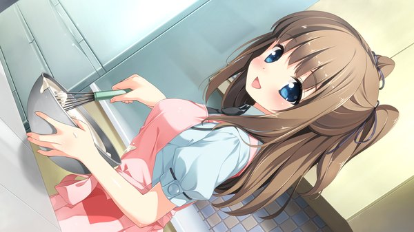 Anime picture 1920x1080 with berry's houkou yuuka sakura koharu single long hair looking at viewer blush highres open mouth blue eyes brown hair wide image twintails game cg happy cooking girl apron