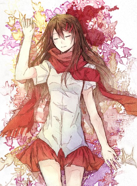 Anime picture 1000x1357 with kagerou project shaft (studio) tateyama ayano m.y. single long hair tall image fringe brown hair lying eyes closed arm up girl skirt uniform school uniform shirt white shirt hairclip scarf
