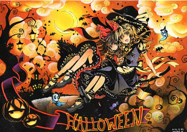 Anime picture 1000x710 with touhou hakurei reimu kirisame marisa mosho long hair looking at viewer open mouth blonde hair brown hair multiple girls brown eyes signed yellow eyes braid (braids) halloween ghost crescent traditional media watercolor (medium) girl