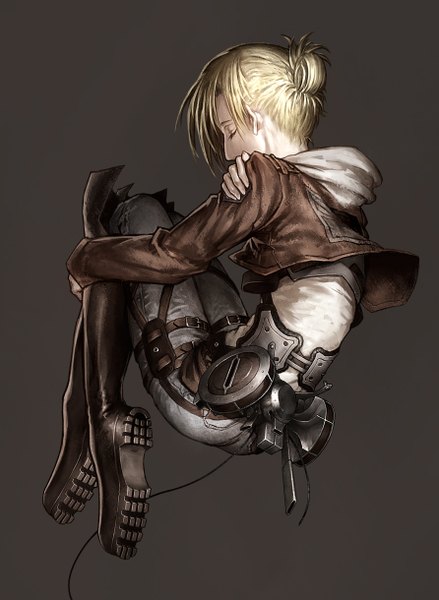 Anime picture 892x1220 with shingeki no kyojin production i.g annie leonhart lain (rinlain) single long hair tall image simple background blonde hair eyes closed grey background soles leg hug embryo's pose hand on shoulder girl uniform jacket knee boots wire (wires)