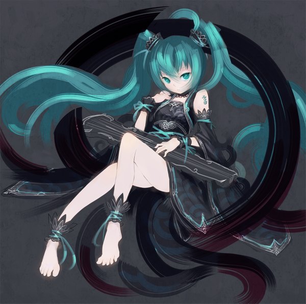 Anime picture 1343x1333 with vocaloid hatsune miku monono single simple background twintails very long hair barefoot aqua eyes aqua hair grey background tattoo girl dress ribbon (ribbons) detached sleeves musical instrument