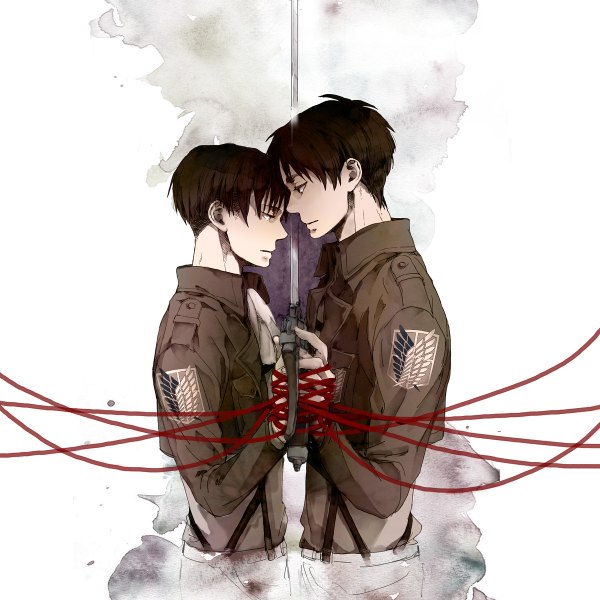 Anime picture 1200x1200 with shingeki no kyojin production i.g eren yaeger levi (rivaille) nk33 short hair brown hair black eyes multiple boys holding hands face to face boy uniform weapon sword jacket 2 boys ascot thread red thread