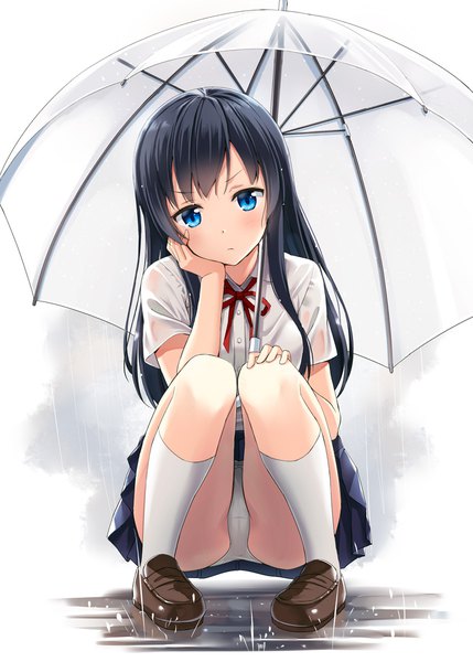 Anime picture 800x1119 with original hyuuga azuri single long hair tall image looking at viewer blush blue eyes light erotic black hair white background rain girl skirt uniform school uniform miniskirt socks umbrella white socks