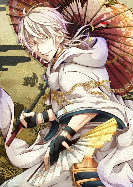 Anime picture 781x1100 with touken ranbu nitroplus tsurumaru kuninaga kaya (hydego) single tall image looking at viewer short hair smile holding white hair traditional clothes japanese clothes fingernails lips wide sleeves outstretched arm eyebrows multicolored eyes egasumi