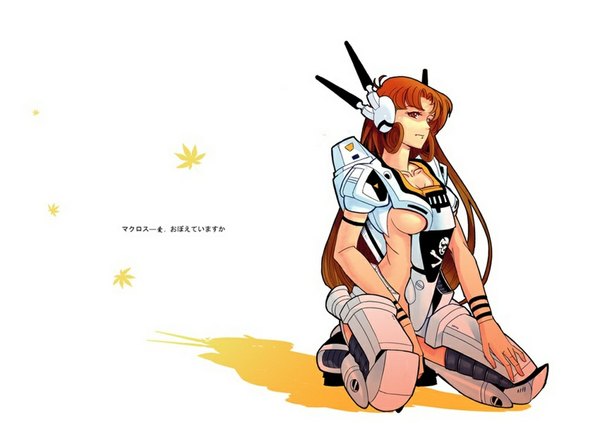 Anime picture 1000x748 with macross single long hair breasts light erotic smile brown hair brown eyes shadow kneeling girl