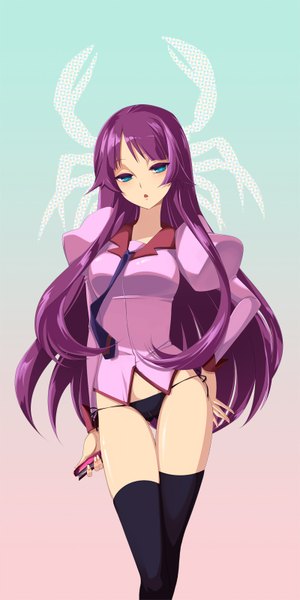 Anime picture 800x1599 with bakemonogatari shaft (studio) monogatari (series) senjougahara hitagi mytyl long hair tall image looking at viewer fringe breasts blue eyes light erotic holding purple hair fingernails girl thighhighs underwear panties black thighhighs