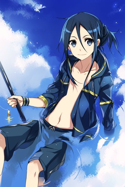 Anime picture 667x1000 with sword art online a-1 pictures kirigaya kazuto jianmo sl single long hair tall image black hair smile sitting looking away sky cloud (clouds) open clothes reflection boy navel water shorts wristlet