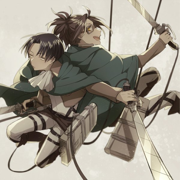 Anime picture 1000x1000 with shingeki no kyojin production i.g levi (rivaille) hange zoe asuda (artist) looking at viewer open mouth black hair simple background brown hair holding yellow eyes profile grey background dual wielding back to back girl boy uniform weapon