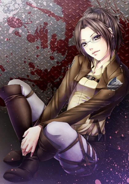 Anime picture 700x1000 with shingeki no kyojin production i.g hange zoe achikoako single tall image looking at viewer short hair brown hair sitting brown eyes girl glasses jacket boots