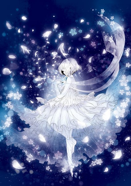 Anime picture 900x1273 with original koto2 single tall image short hair bare shoulders white hair eyes closed profile barefoot weightlessness girl dress flower (flowers) animal petals frills white dress fish (fishes)