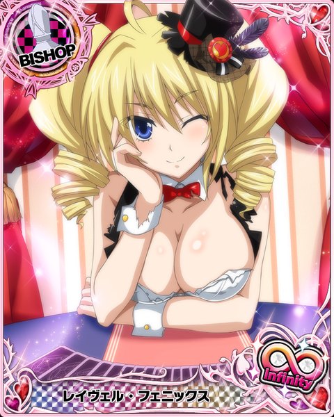Anime picture 640x800 with highschool dxd ravel phenex single long hair tall image looking at viewer breasts blue eyes light erotic blonde hair smile twintails cleavage one eye closed wink torn clothes drill hair card (medium) girl hat