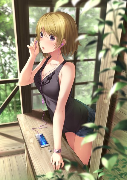 Anime picture 600x847 with love live! school idol project sunrise (studio) love live! koizumi hanayo kopianget single tall image blush fringe short hair open mouth blonde hair purple eyes bare shoulders looking away cleavage sunlight girl plant (plants) shorts