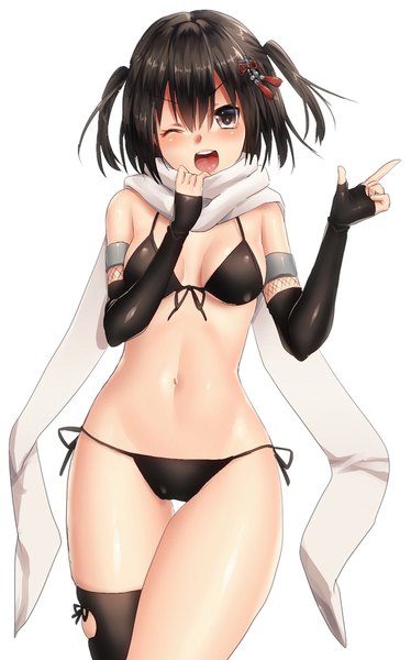 Anime picture 593x950 with kantai collection sendai light cruiser keita (tundereyuina) single tall image looking at viewer blush short hair breasts open mouth light erotic black hair white background brown eyes one eye closed wink two side up girl navel swimsuit