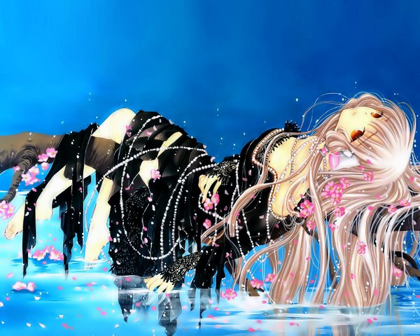 Anime picture 1280x1024 with chobits clamp freya single long hair looking at viewer blonde hair bent knee (knees) lying barefoot hair flower wet wallpaper blue background wet clothes girl dress hair ornament flower (flowers) petals