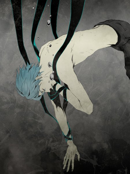 Anime picture 600x800 with kuroko no basket production i.g kuroko tetsuya ist single tall image fringe short hair eyes closed aqua hair eyebrows underwater bondage shirtless boy ribbon (ribbons) pants bubble (bubbles)