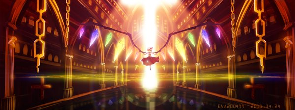 Anime picture 1600x600 with touhou flandre scarlet eva200499 single short hair blonde hair red eyes wide image sunlight weightlessness girl wings chain crystal