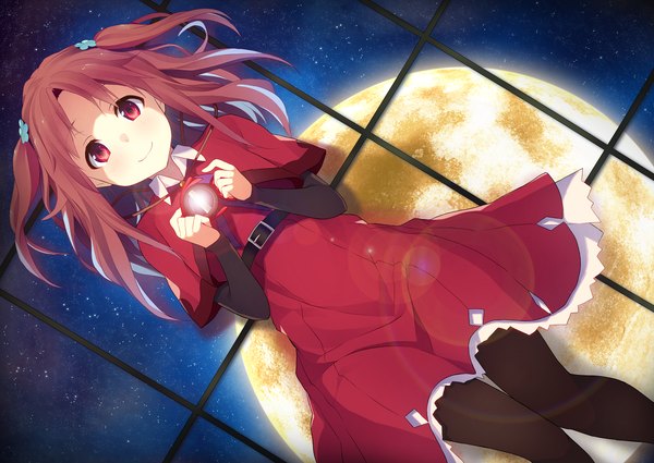 Anime picture 1920x1360 with galilei donna minase yuu single long hair looking at viewer highres smile red eyes brown hair girl dress moon