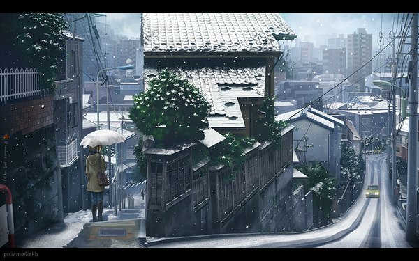 Anime picture 960x600 with original kusakabe (artist) single short hair brown hair holding from behind city snowing reflection winter snow cityscape girl plant (plants) tree (trees) jacket boots hood building (buildings)