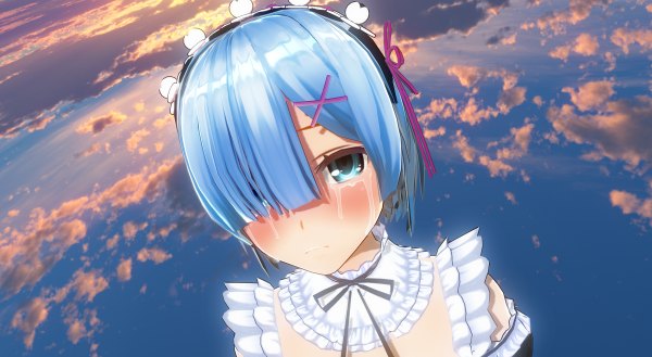 Anime picture 1200x658 with re:zero kara hajimeru isekai seikatsu white fox rem (re:zero) shidzuki single looking at viewer blush fringe short hair blue eyes wide image blue hair sky cloud (clouds) from above hair over one eye maid night sky tears close-up