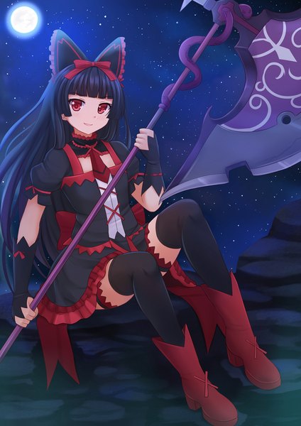 Anime picture 945x1337 with gate - jieitai ka no chi nite kaku tatakaeri a-1 pictures rory mercury kazenokaze single long hair tall image looking at viewer blush fringe breasts open mouth black hair sitting holding payot bent knee (knees) blunt bangs parted lips head tilt