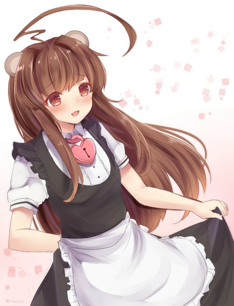 Anime picture 749x977 with kantai collection kuma light cruiser masayo (gin no ame) single long hair tall image blush fringe open mouth simple background smile brown hair holding signed animal ears ahoge blunt bangs maid fang (fangs) dutch angle
