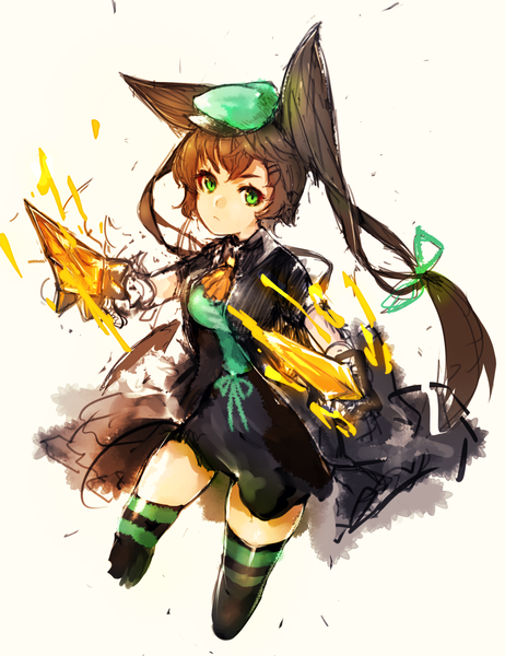 Anime picture 1472x1912 with original maido mido single long hair tall image looking at viewer fringe simple background brown hair white background holding green eyes animal ears zettai ryouiki fox ears fox girl glowing weapon girl thighhighs skirt