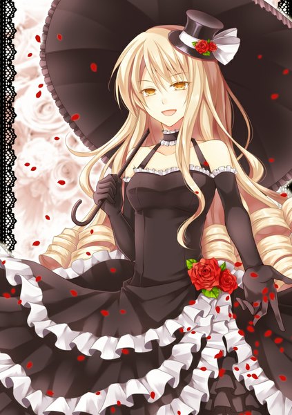 Anime picture 705x1000 with shikoku yonkyoudai chisa single long hair tall image open mouth blonde hair bare shoulders yellow eyes girl dress gloves flower (flowers) hat petals black gloves elbow gloves frills umbrella mini hat