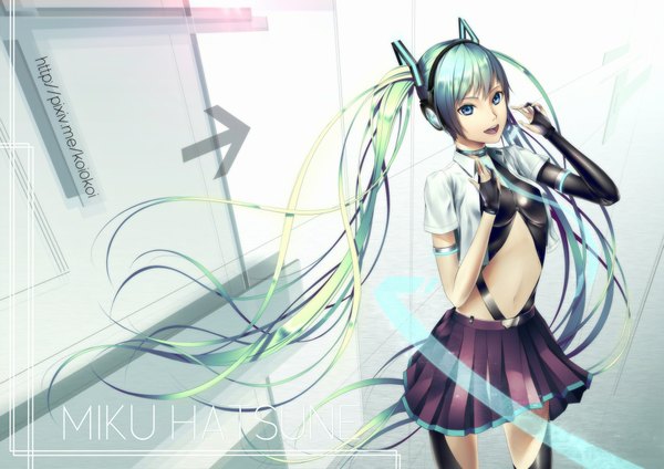 Anime picture 2000x1414 with vocaloid hatsune miku oki (koi0koi) single looking at viewer highres open mouth blue eyes twintails very long hair aqua hair girl skirt headphones