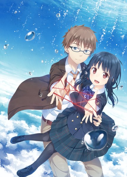 Anime picture 1500x2099 with original yuuri nayuta long hair tall image looking at viewer short hair blue eyes black hair red eyes brown hair couple girl boy skirt pantyhose glasses necktie bubble (bubbles) thread red thread