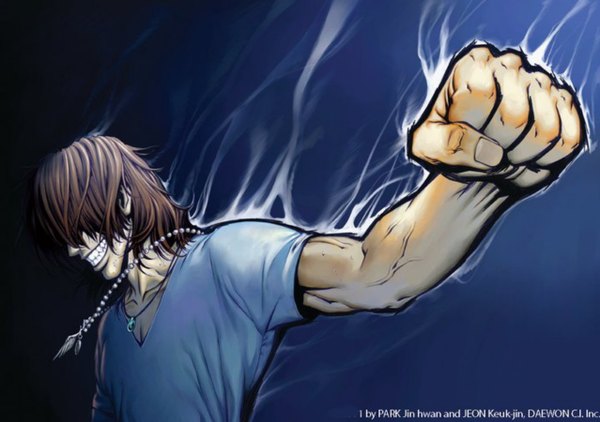 Anime picture 1278x900 with the breaker chun-woo single short hair smile brown hair eyes closed grin muscle boy pendant fist